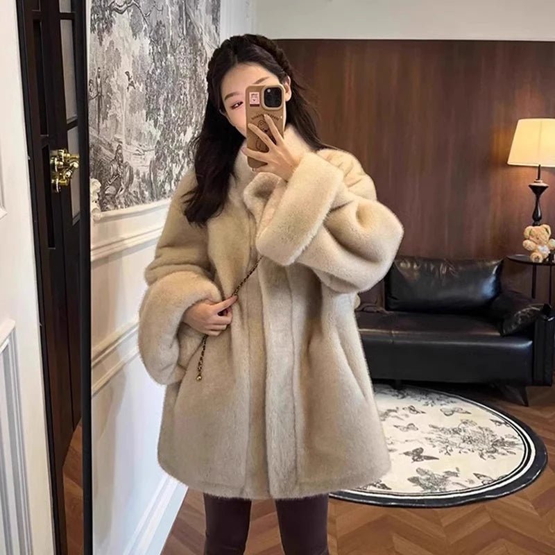 Cappotto in pelliccia di visone lungo e medio da donna in stile coreano, autunno inverno, collo alto, ecologico, tinta unita, spesso, caldo