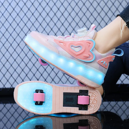 Scarpe da ginnastica luminose per bambine con ruote, tacco rosa con luci LED, pattini a rotelle, scarpe LED per bambini con ricarica USB, alla moda.