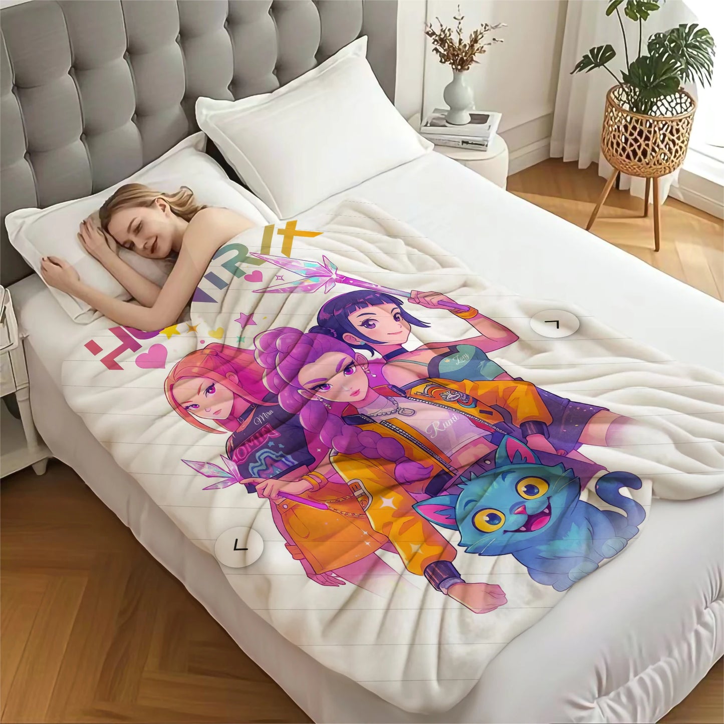 1pcs Cute Huntrix Cat K Pop Flannel Blanket Cozy Throw For Girls Bedroom Holiday Use