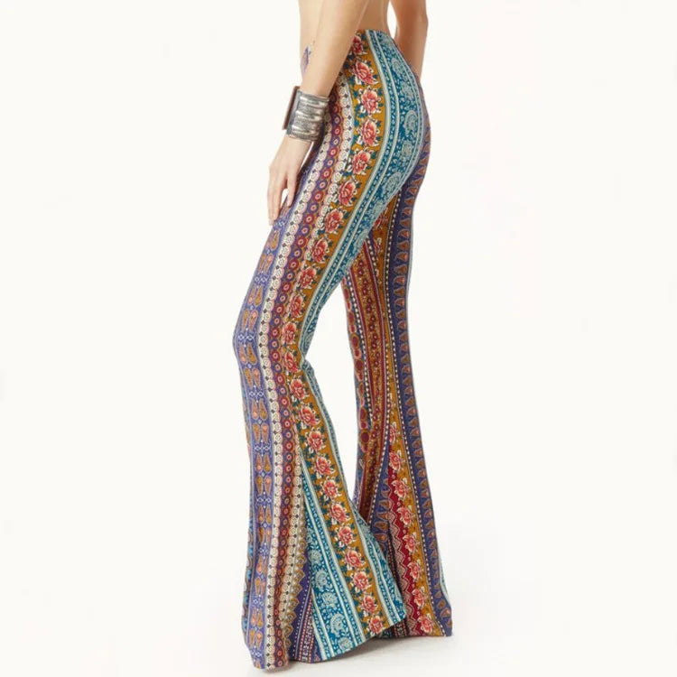 Pantaloni da donna aderenti a zampa d'elefante con stampa retrò a rose, fondo a campana grande, stile boho, stampa primavera estate, Pantalones De Mujer