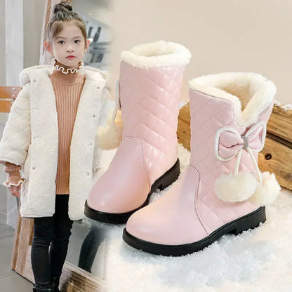Stivali caldi da bambina con fiocco 2025, nuovi stivali da neve invernali per bambini con pelliccia, stivali da principessa alla moda per bambini, impermeabili con plateau
