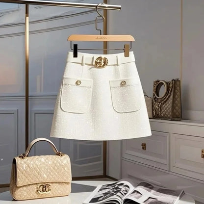 White Elegant Bright Silk Tweed Skirt Women High Waist Slim A-Line Skirt Autumn Office Lady Pocket Short Skirt With Belt 600A