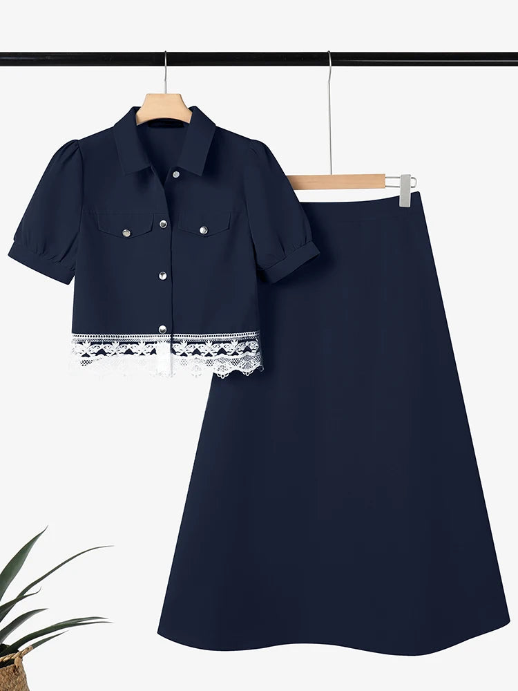 ZANZEA Elegante abito in pizzo da donna, completo con camicie a maniche corte e gonne lunghe, casual, 2 pezzi, stile coreano, stile streetwear, 2 pezzi