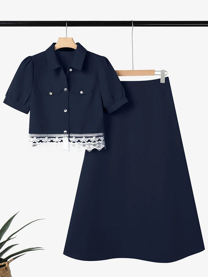 ZANZEA Elegante abito in pizzo da donna, completo con camicie a maniche corte e gonne lunghe, casual, 2 pezzi, stile coreano, stile streetwear, 2 pezzi