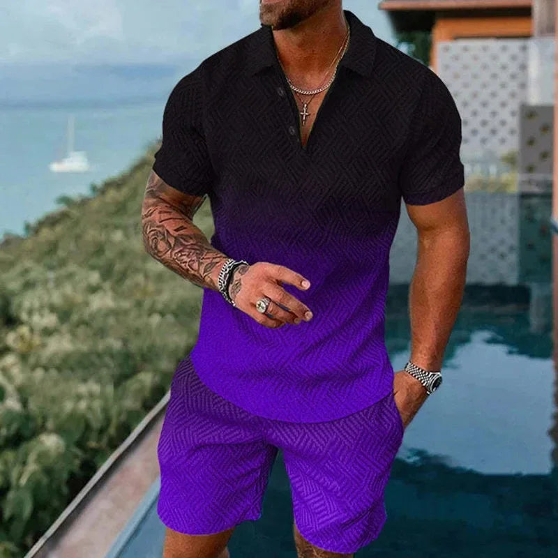 Completo da uomo composto da polo con cerniera, tinta unita, stampa 3D sfumata, colletto polo e pantaloncini. Abbigliamento estivo oversize per le vacanze alle Hawaii.