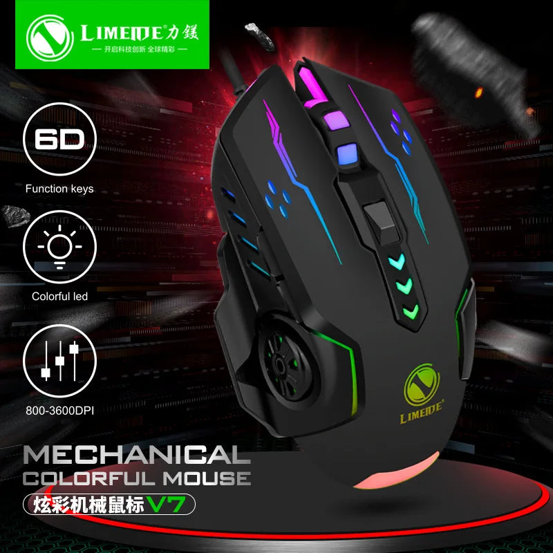 1 mouse da gioco meccanico V7 con luci LED, mouse cablato per notebook, laptop e computer desktop, design ambidestro in plastica