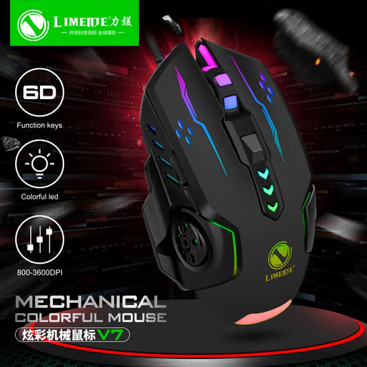 1 mouse da gioco meccanico V7 con luci LED, mouse cablato per notebook, laptop e computer desktop, design ambidestro in plastica