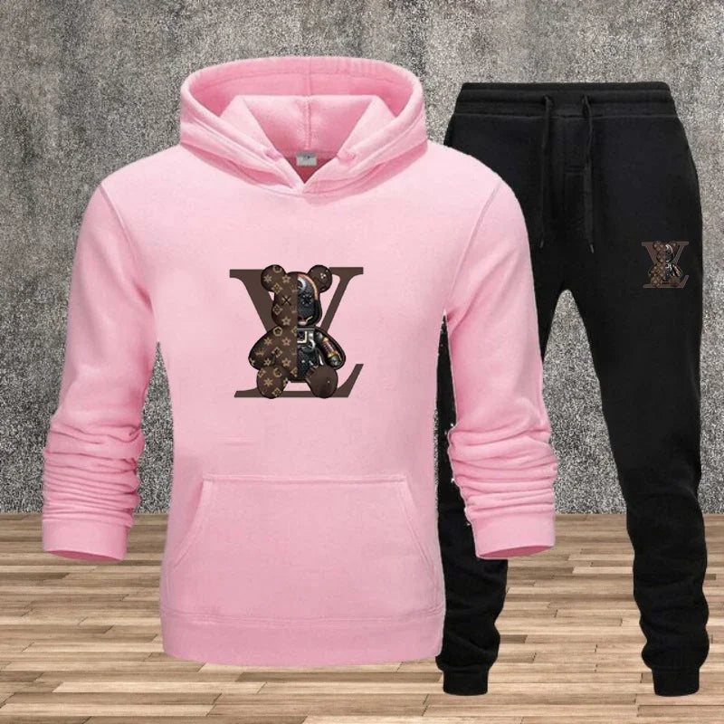 Nuovo set da uomo con felpa con cappuccio stampata, tessuto morbido, casual, streetwear, fitness, jogging, abbigliamento sportivo, completo a 2 pezzi, comodo