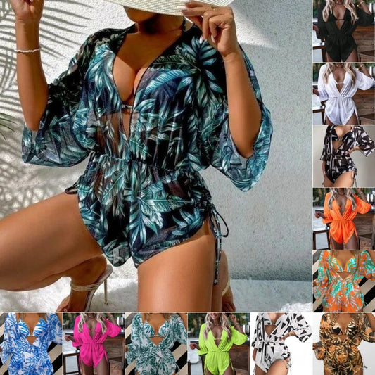 Conservative Leaf Print Bikini Three Piece Set Waist Cinching String Sports Style Beach Swimsuit High Elasticity Polyester