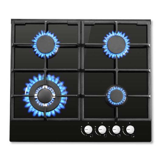 Piano cottura a gas da 58 cm | 4 fuochi a doppia alimentazione (gas naturale/GPL) 8060 W con spegnimento automatico della fiamma e superficie in vetro temperato | Da incasso/a libera installazione 220-240 V
