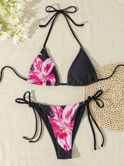 "2025 New Triangle Bikini Set - Floral Print Push Up Swimsuit & Brazilian Bottoms"