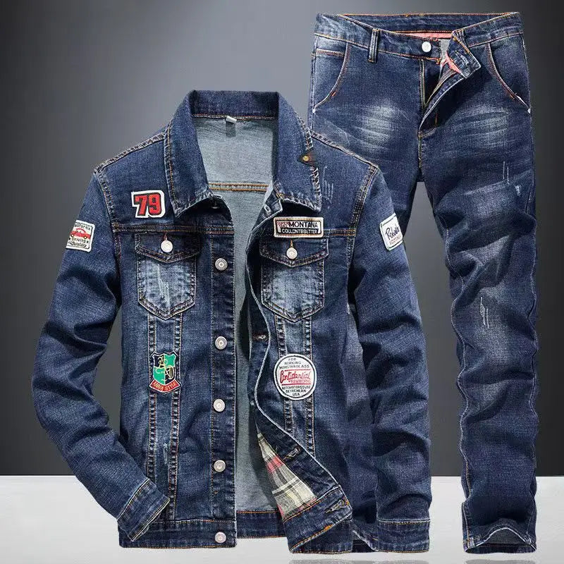 Completo primavera autunno con giacca e jeans in denim americano, jeans classici da cowboy, completi due pezzi alla moda, capospalla versatile, cappotto casual