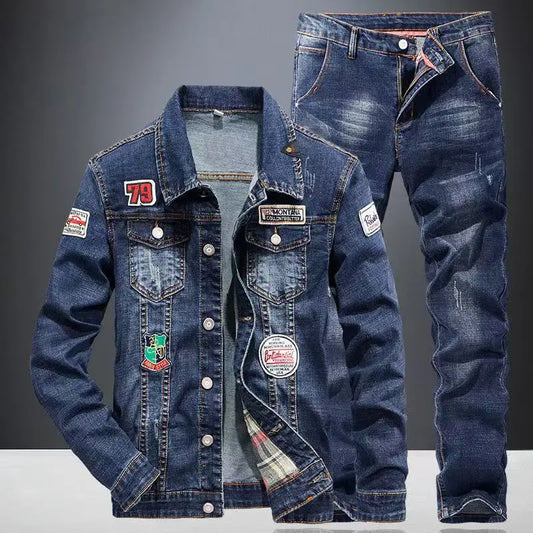 Completo primavera autunno con giacca e jeans in denim americano, jeans classici da cowboy, completi due pezzi alla moda, capospalla versatile, cappotto casual