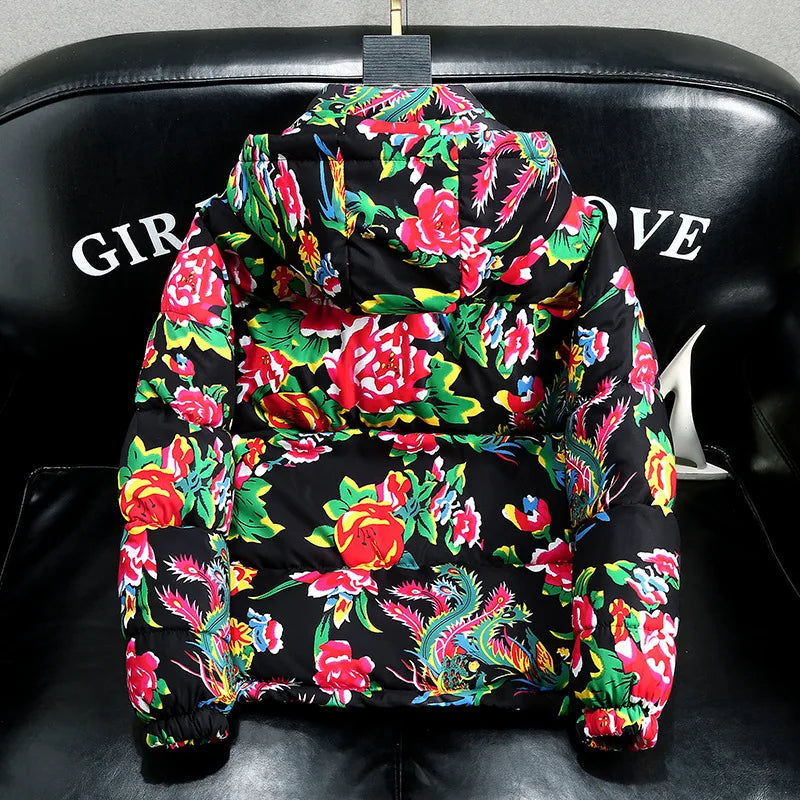 2025 Autumn Winter Chinese Style Northeast China Large Floral Cotton Jacket Loose-fit Zippered Hooded Long Sleeved Warm Coat