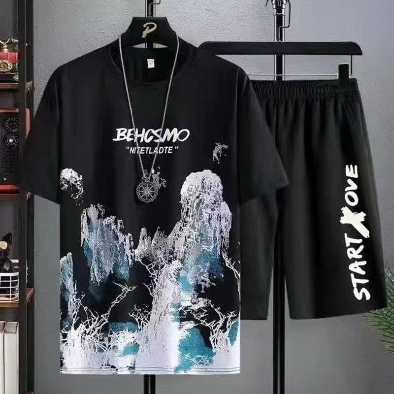 Completo estivo 2025 da uomo, sottile e casual, con stampa manga graffiti, composto da maglietta e pantaloncini. Set di t-shirt da uomo comode e traspiranti con stampa di alta qualità.