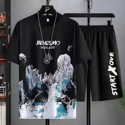 Completo estivo 2025 da uomo, sottile e casual, con stampa manga graffiti, composto da maglietta e pantaloncini. Set di t-shirt da uomo comode e traspiranti con stampa di alta qualità.