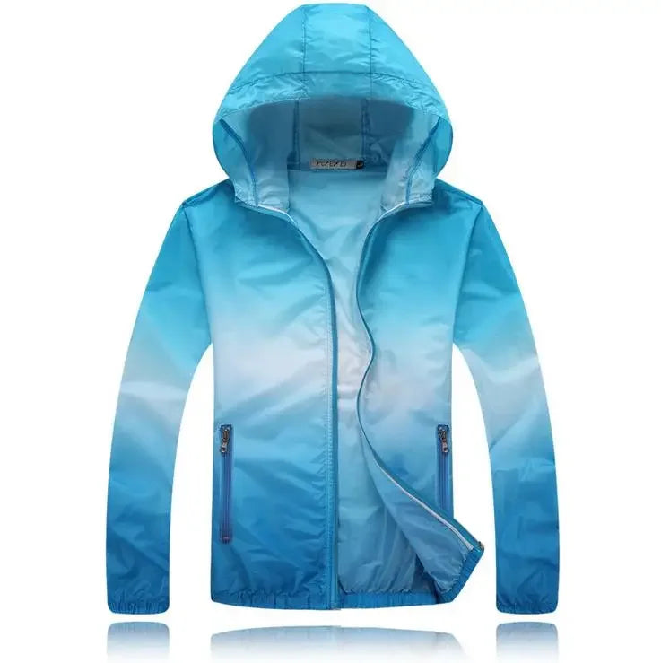 Giacca da campeggio ultra sottile e ultra leggera per uomo, donna, bambini e ragazzi, trasparente, anti-UV, ad asciugatura rapida, giacca a vento con colori sfumati.