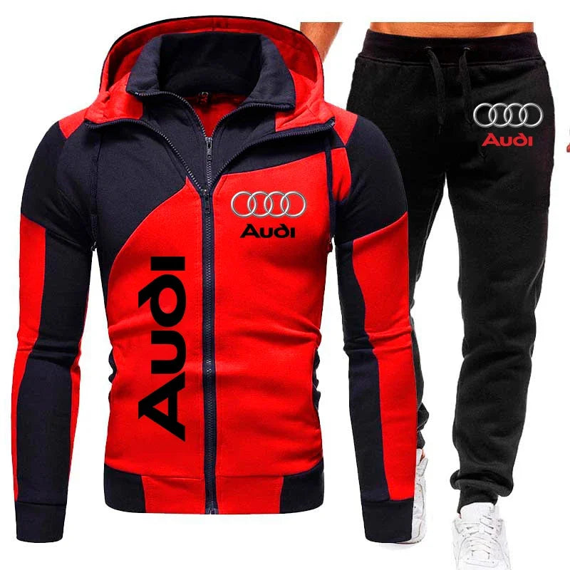 Tuta sportiva con logo Audi, set di 2 pezzi in pile caldo, felpa con cappuccio + pantaloni, tuta sportiva Audi da uomo