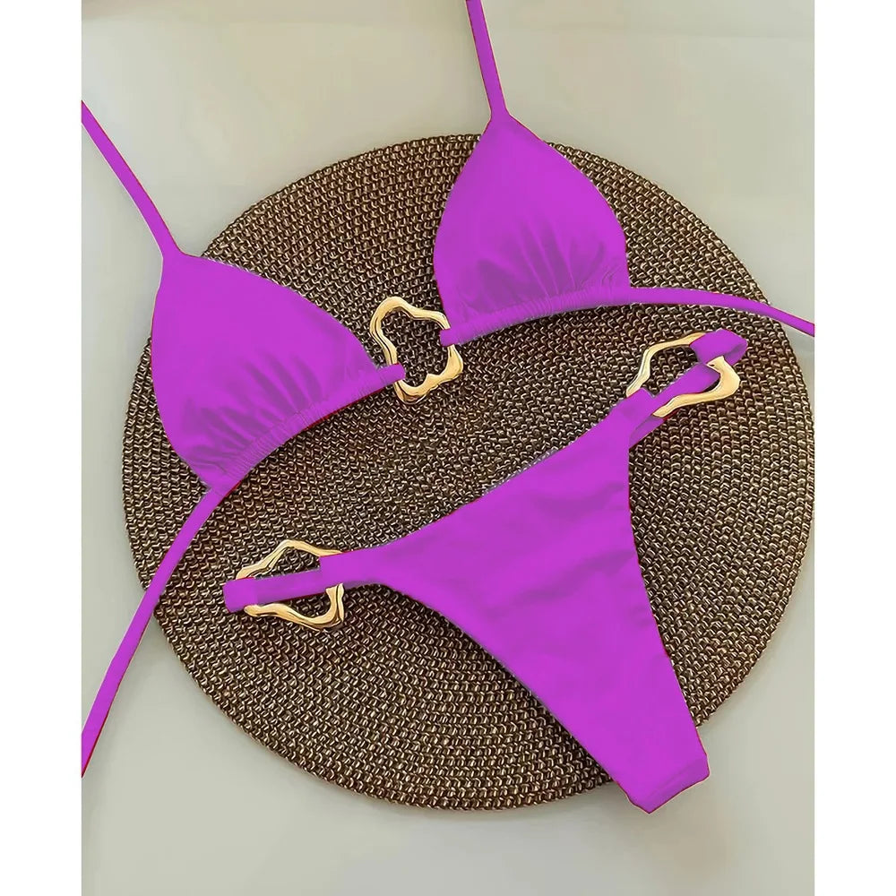 Nuovo bikini sexy a tinta unita con lacci e spacco, costume da bagno a due pezzi per donna