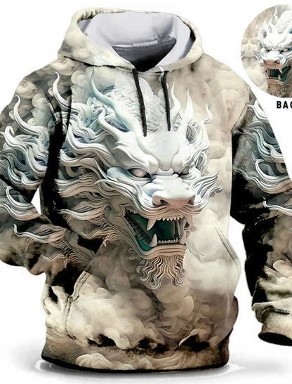 Felpa con cappuccio da uomo con stampa grafica di drago per il Capodanno cinese, stampa animalier, classica casual, pullover 3D, streetwear, maniche lunghe.