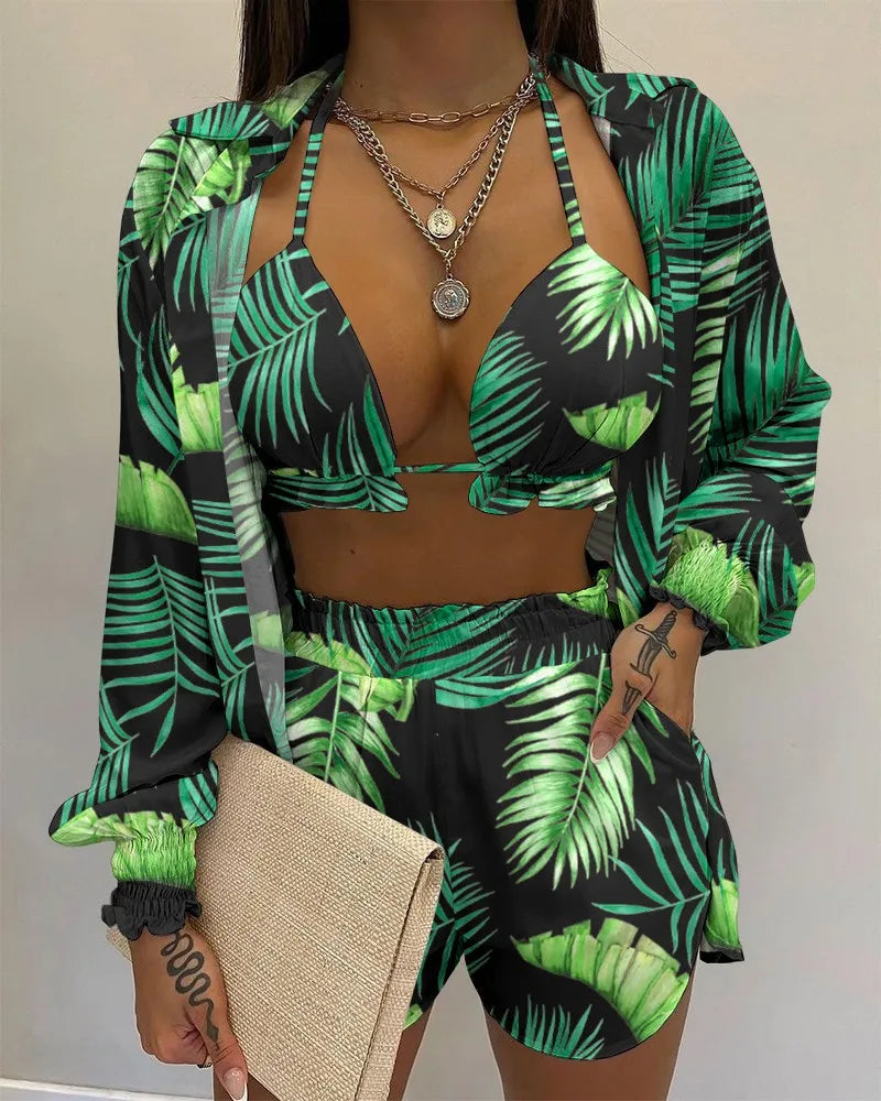 Three Pieces Swimwear Sexy Beachwear 2024 New Bathing Suit Shorts Cover Up Summer High Waist Bikini Set Print Women's Swimsuit