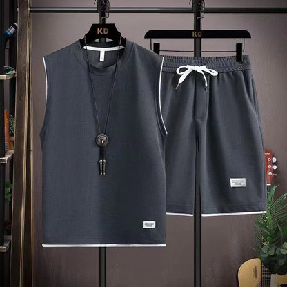 Completo estivo 2024 da uomo, ampio, a maniche corte, casual, con canotta e pantaloncini sportivi, traspirante, ideale per la strada e la gioventù.
