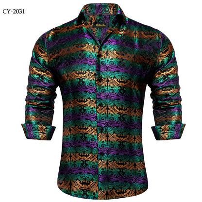 Camicie da uomo a maniche lunghe in seta e poliestere, camicie eleganti di lusso, camicie da smoking con colletto rovesciato e motivo paisley, abbigliamento da uomo