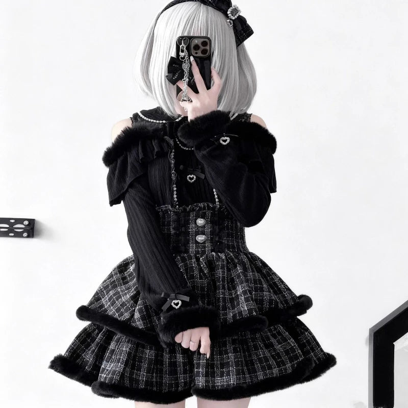 Abiti da Lolita Kawaii per ragazze giapponesi, camicette con fiocco in maglia e gonne a vita alta, nuovi adorabili set da 2 pezzi Harajuku invernali