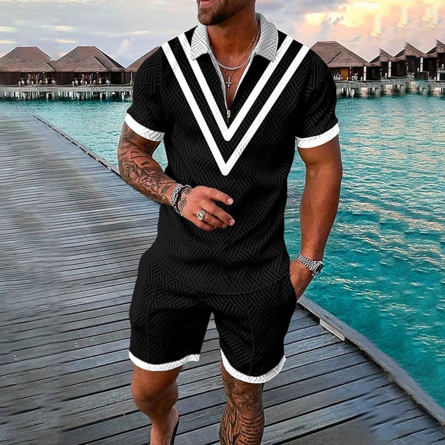 Completo estivo da uomo con stampa 3D, composto da polo con cerniera e pantaloncini, 2 pezzi, stile boho geometrico, abbigliamento per le vacanze.