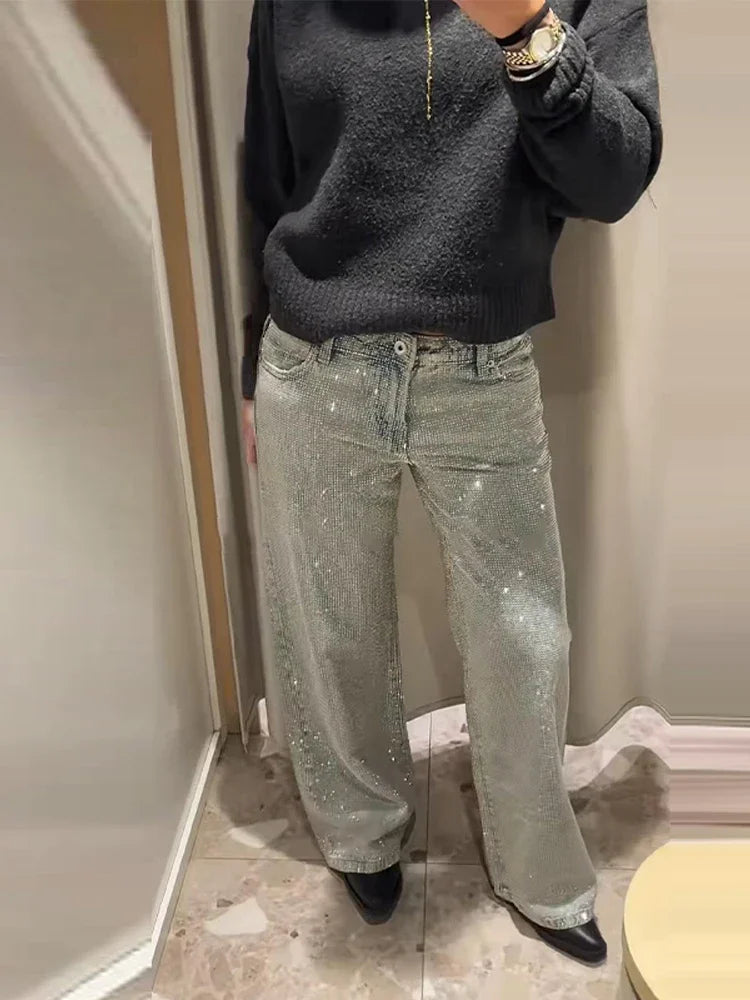 Star Women's Denim Wide-leg Pants Loose High-waist Buttons Glistening Long Trousers 2026 New Ladies Early Spring Solid Pant