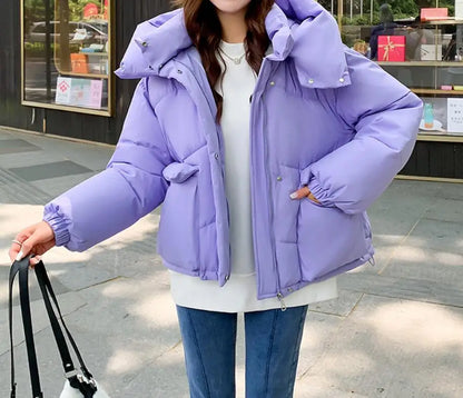 New Winter Fashion Long Sleeve Stand Up Collar Zipper Loose Solid Color Thick Hooded Down Jacket For Women,7 Colors