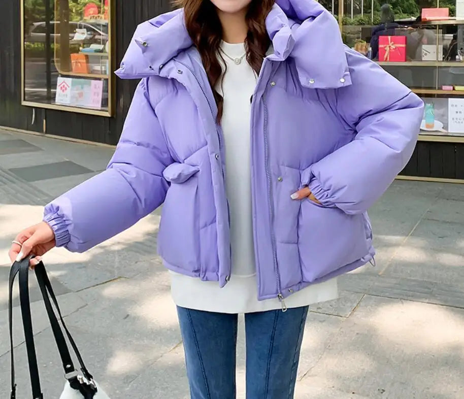 New Winter Fashion Long Sleeve Stand Up Collar Zipper Loose Solid Color Thick Hooded Down Jacket For Women,7 Colors