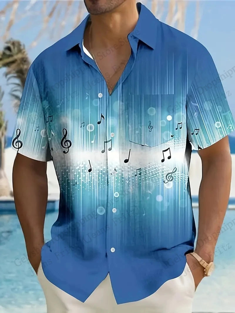 Camicie con stampa 3D di note musicali, da uomo e da donna, alla moda, a maniche corte, casual, da spiaggia, con risvolto, nuovi abiti per le vacanze