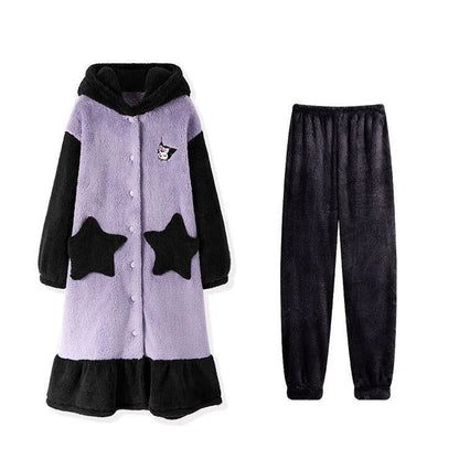 Plush Pajamas Night-Robe Suit Sanrioed Anime Kawaii Kuromi Coral Fleece Homewear Winter Long Style Thickened Nightgown Pants