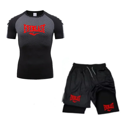 EVERLAST Maglietta a compressione da uomo + pantaloncini sportivi 2 in 1 Set 2 pezzi Tempo libero Traspirante Manica corta Sport Jogging Palestra Abbigliamento di marca Stampa
