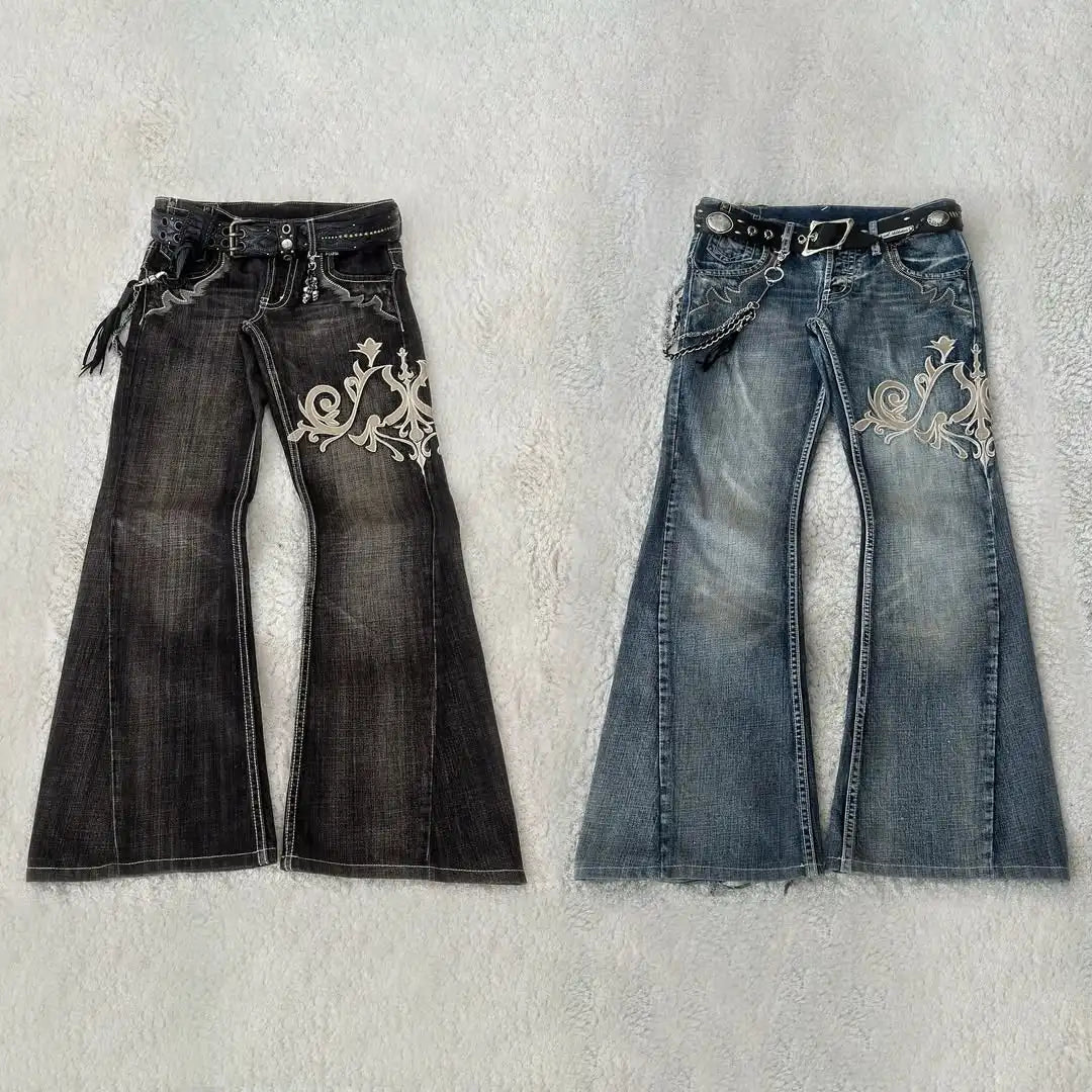 Y2K new American retro embroidery pattern women horn -shaped jeans street fashion Gothic slim mop pants women jeans