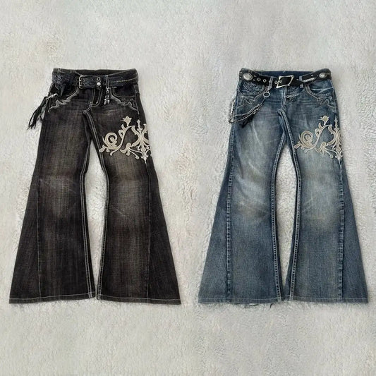 Jeans da donna Y2K con ricamo retrò americano, modello a corno, street fashion, pantaloni slim gotici, jeans da donna