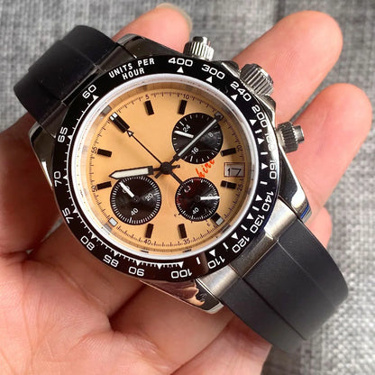 Orologio cronometro Tandorio da uomo, 39 mm, movimento al quarzo VK63, quadrante grigio, vetro zaffiro, cronografo completo, bracciale in acciaio inossidabile 316L, cinturino in gomma.