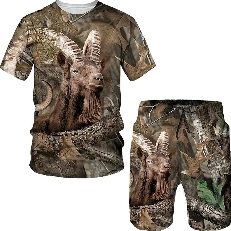 Animal Wild Boar Fox 3D Print 2Pcs set Camouflage Hunting T-Shirt Sets Fashion Men O-Neck Tracksuit Oversized Man Sweatshirt
