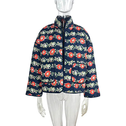 Vintage Floral Cotton Padded Jacket Trendy Pocket Splic Stand Neck Casual Winter Coats For Women 2024 New In Coats & Jackets