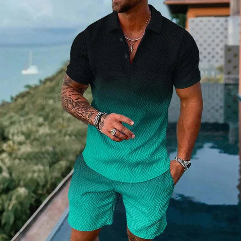 Completo da uomo composto da polo con cerniera, tinta unita, stampa 3D sfumata, colletto polo e pantaloncini. Abbigliamento estivo oversize per le vacanze alle Hawaii.