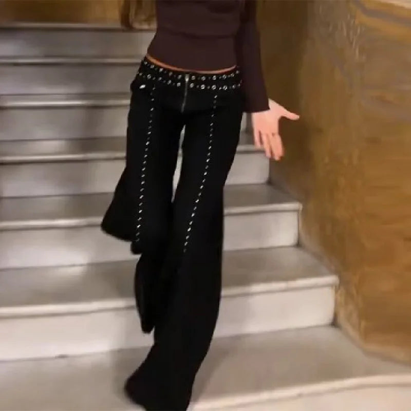 Jeans da donna, stile street style, neri, con rivetti, vintage, vita media, lunghi, alla moda, stile Y2K, con cerniera, pantaloni in denim, gamba dritta.