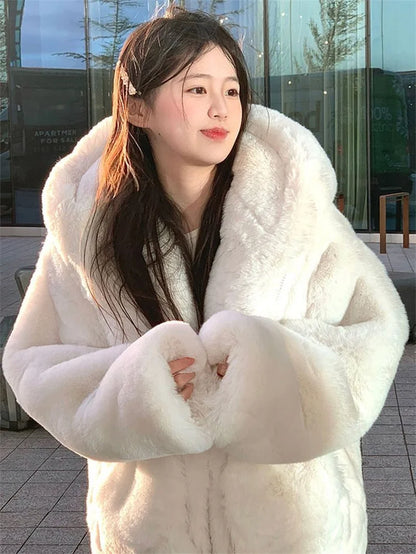 Korean Thickened Mink Velvet Coat Women Winter Clothes New Jacket Version Loose Imitation Rabbit Fur Plush Hooded Fur Coat