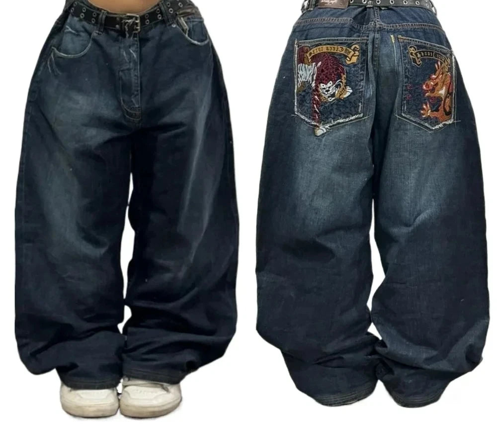 2024 Nuova tendenza americana 2024 Jeans larghi con ricamo hip-hop retrò per uomo e donna Y2K Harajuku Gothic Streetwear