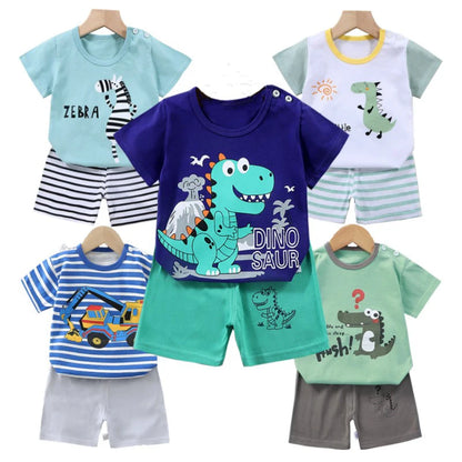 Completo pigiama 2 pezzi maglietta + pantaloncini in cotone con orsetto e dinosauro dei cartoni animati per bambini e bambine, tuta estiva casual per bambini e bambine da 1 a 4 anni
