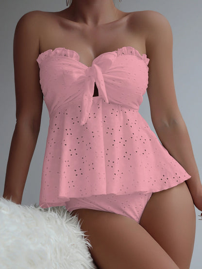 Bow Tie Patchwork Bikinis Set Off The Shoulder Female Swimsuit Hollow Out Women Swimwear Solid High Waist Bathing Suit Biquini