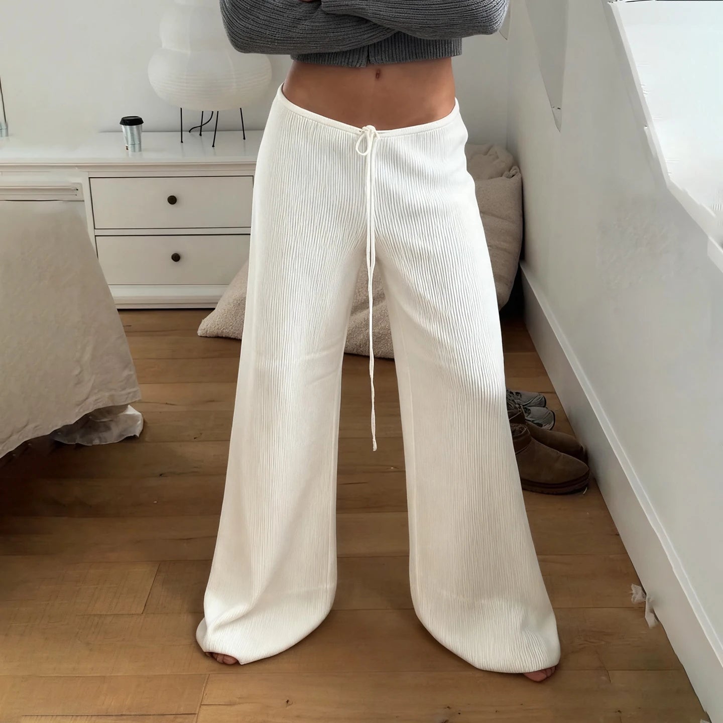 Basic Solid Low-Waisted Ribbed Knitted Pants Casual Loose Drawstring Wide Leg Pants Soft Comfy Lounge Wear Trousers Streetwear