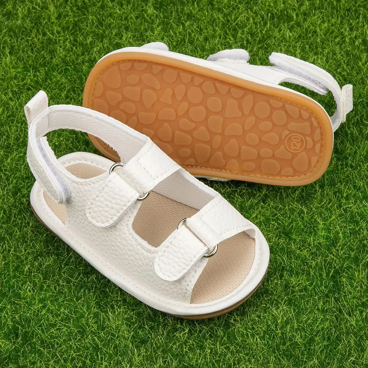 Sandali estivi per neonati Meckior, scarpe per bambini in pelle PU con suola in gomma antiscivolo, primi passi per neonati e bambine da 0 a 18 mesi.