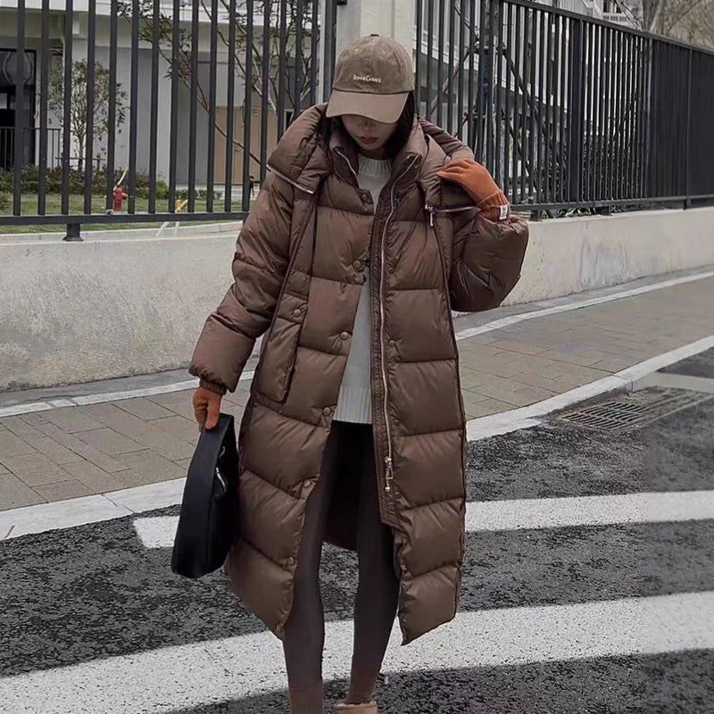 Winter Thicken Long Hooded Down Jacket Women White Duck Down Parker Knee Length Jackets Female Warm Zipper Waterproof Outwears