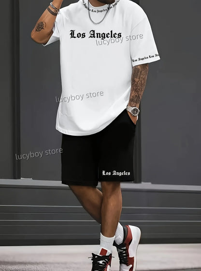 Completo da uomo Los Angeles stampato 2025, set di 2 pezzi, completo casual, abbigliamento sportivo, set fitness, tuta da uomo, abbigliamento oversize
